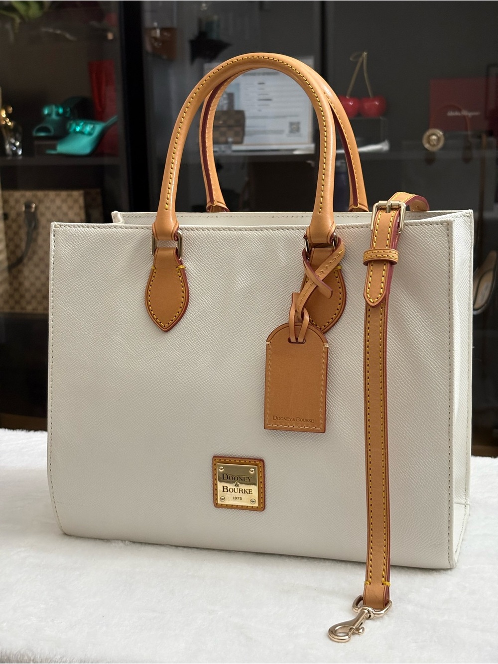 Dooney & Bourke Wexford Leather Janine Satchel – White & Caramel Brown